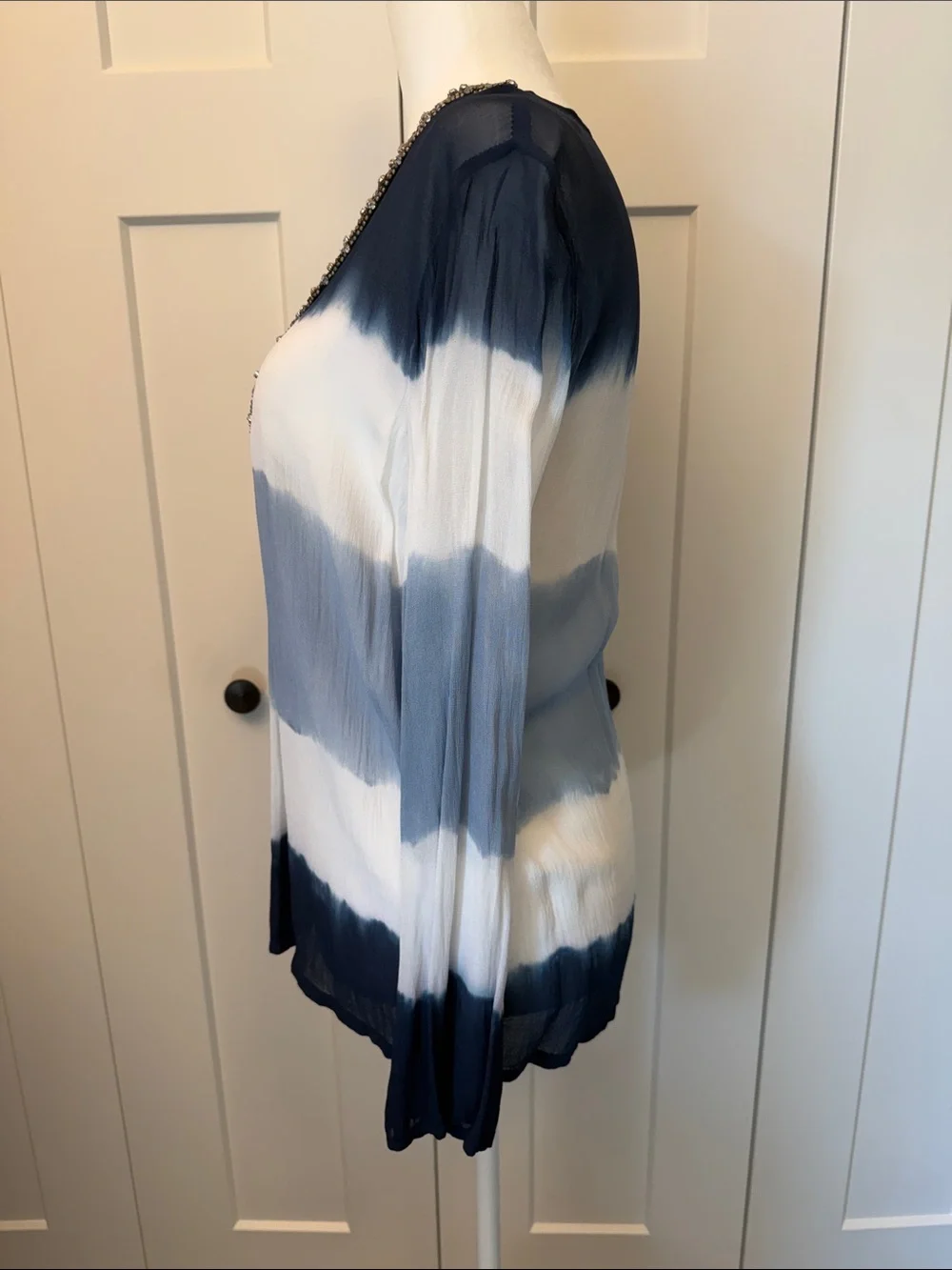 Michael Kors Navy, Light Blue and White Beaded V-Neck Blouse